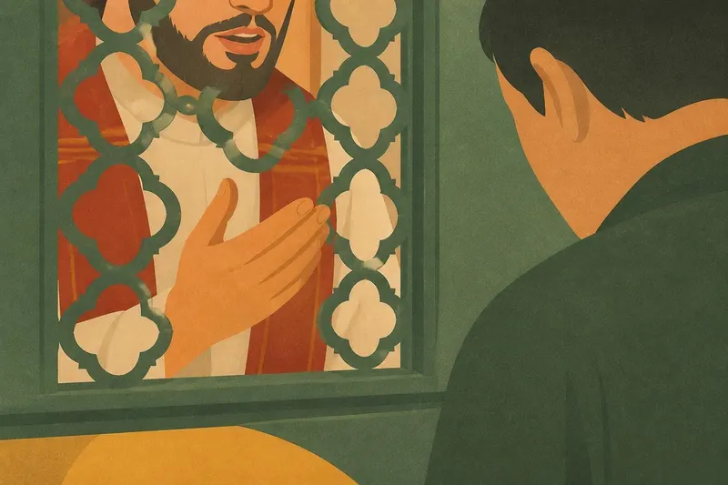 Ilustracja kapłana spowiadającego przez kratkę konfesjonału