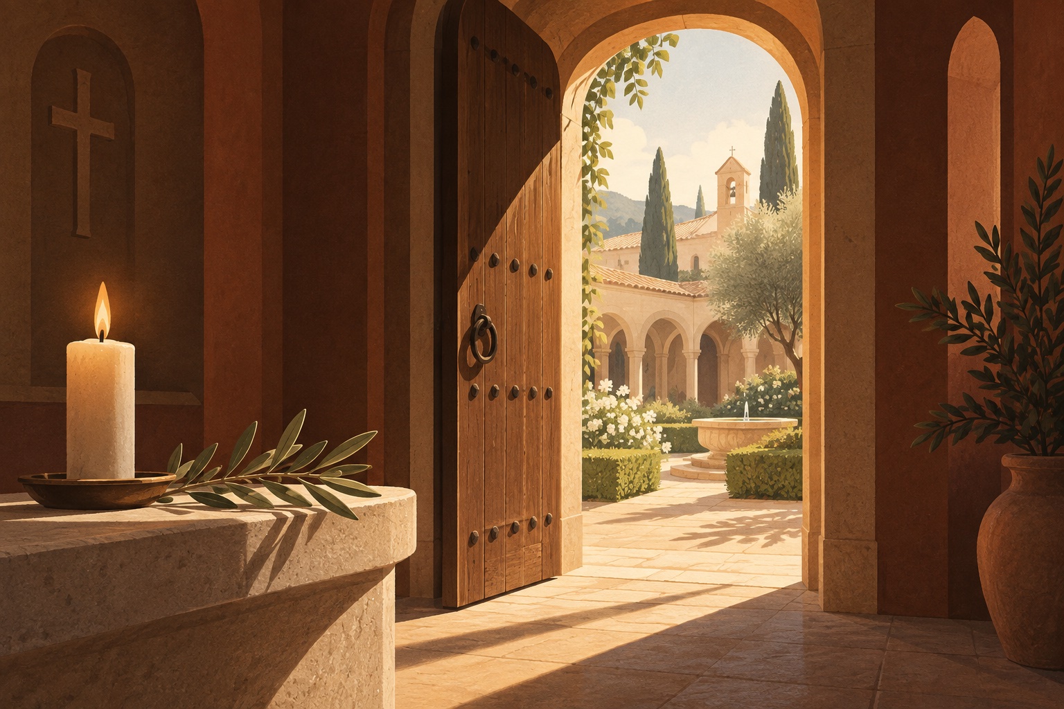 Illustration of an open chapel door leading into a sunlit garden