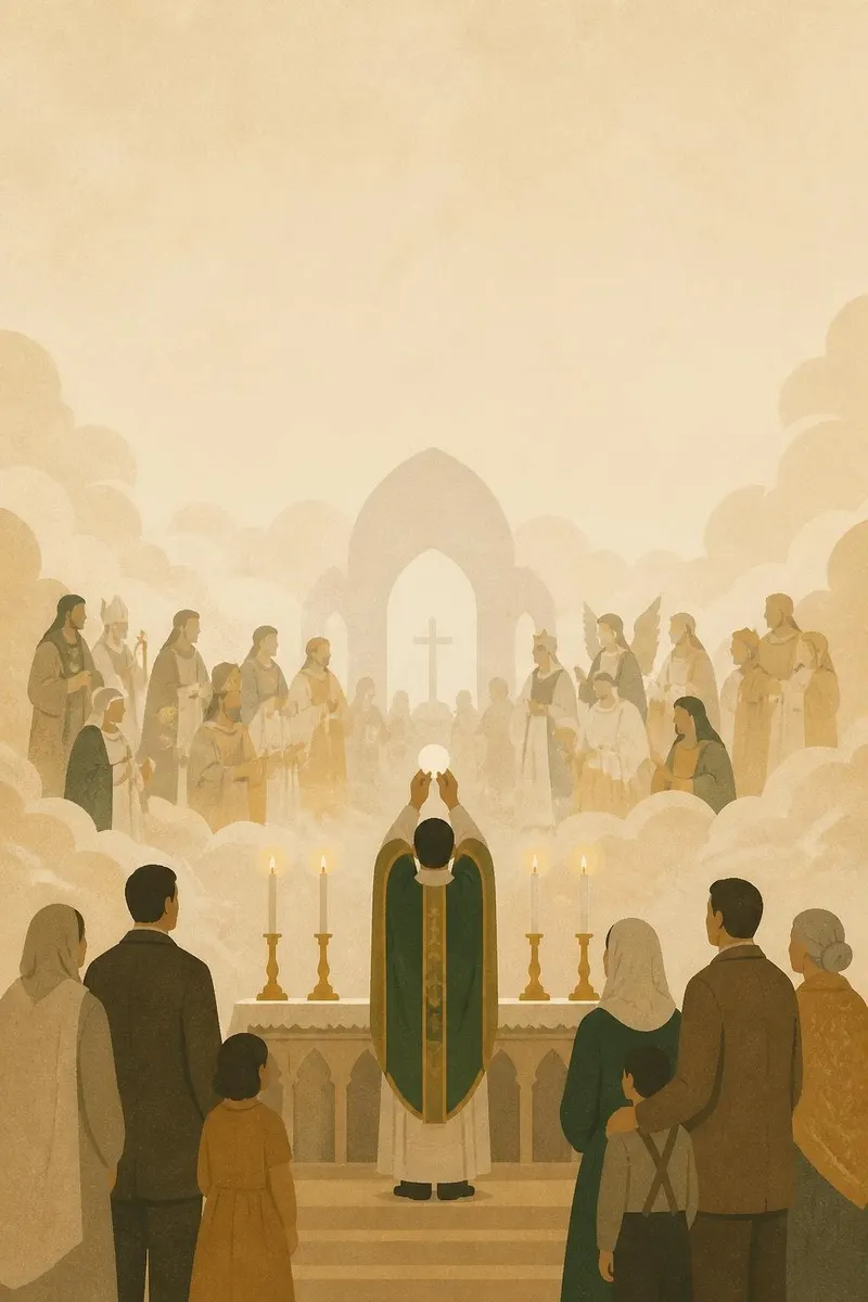 Illustration of the saints in heaven gathered above a Mass on earth