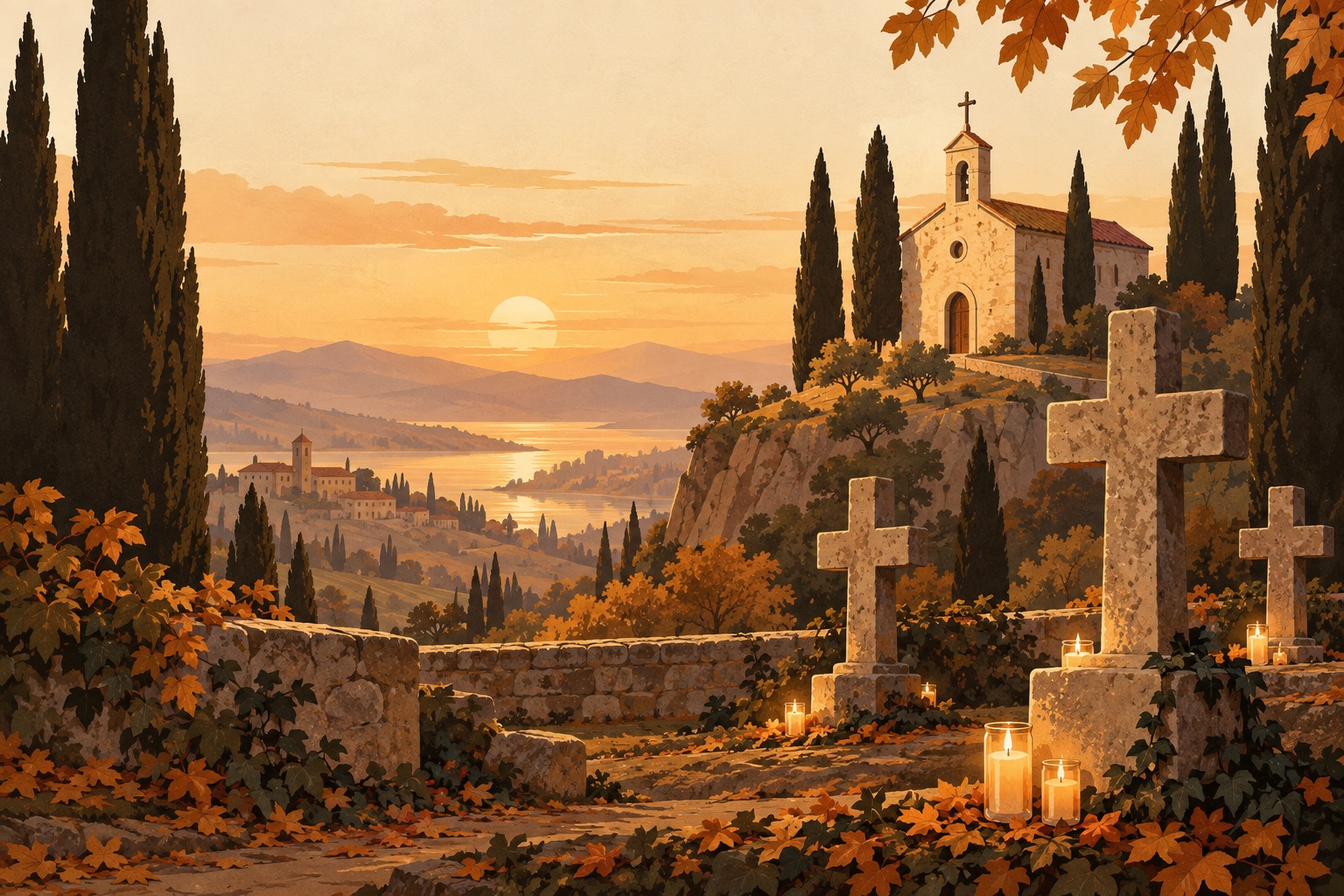 Illustration of a chapel and candlelit churchyard at sunset