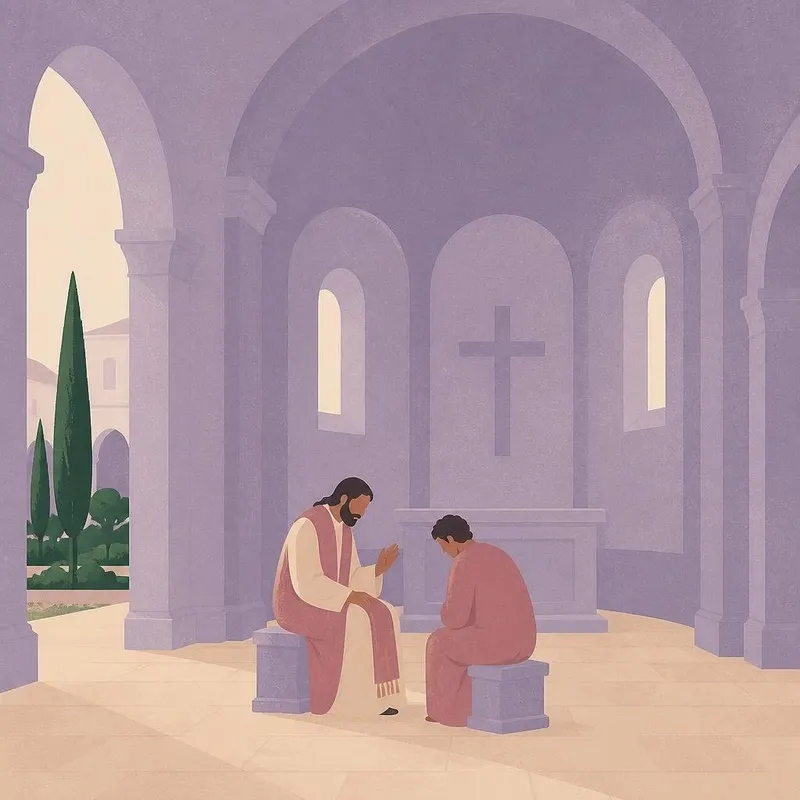 Ilustracja Jezusa siedzącego obok penitenta w słonecznym kościele