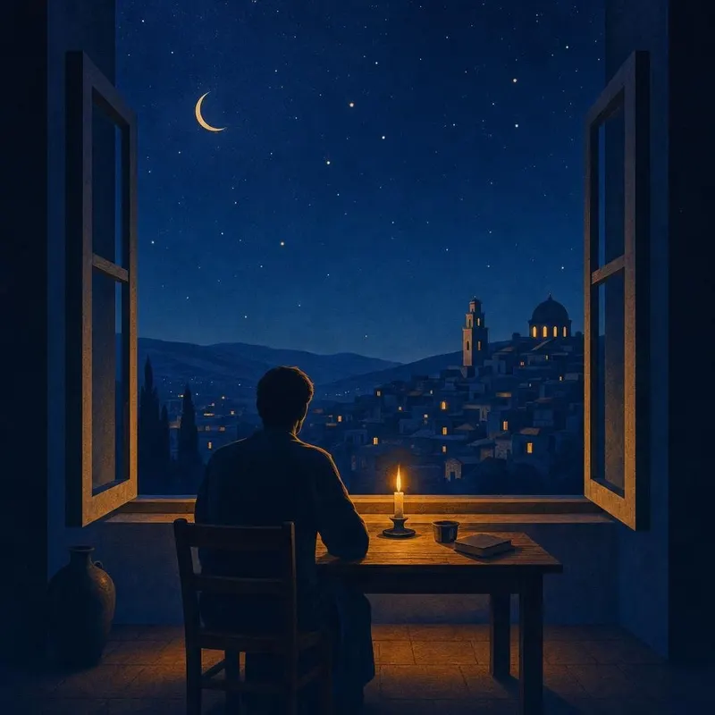Illustrazione di un uomo che riflette a lume di candela davanti a una finestra aperta di notte