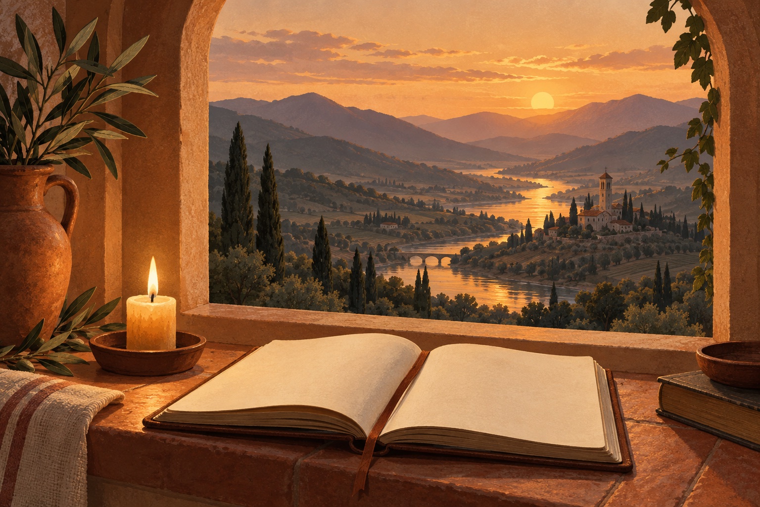 Illustration eines offenen Tagebuchs und einer Kerze mit Blick auf ein Tal im Abendlicht