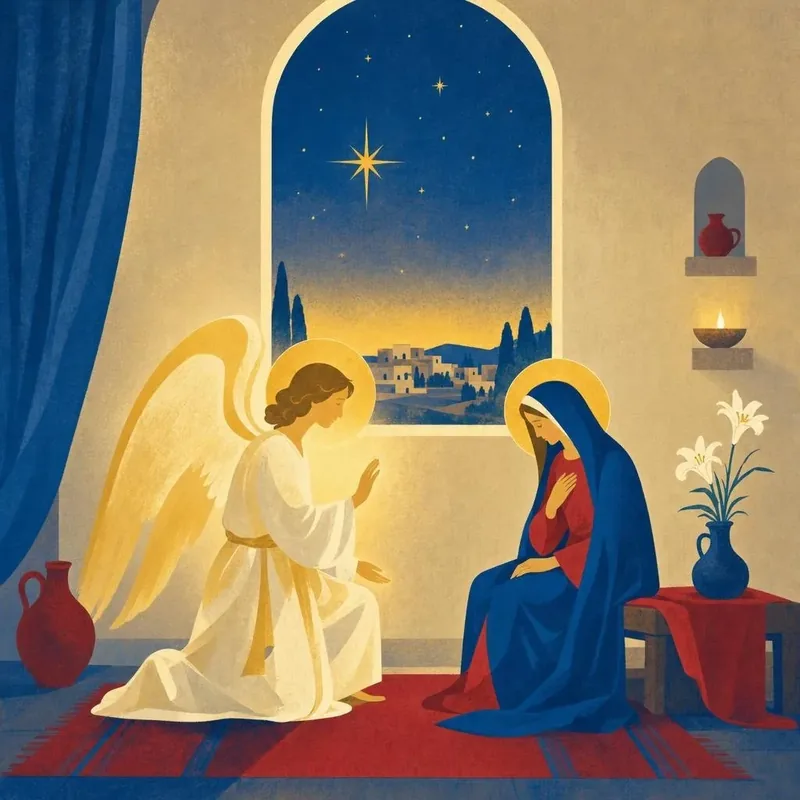 Illustrazione dell'angelo Gabriele che saluta Maria in una stanza illuminata da una lampada, di notte