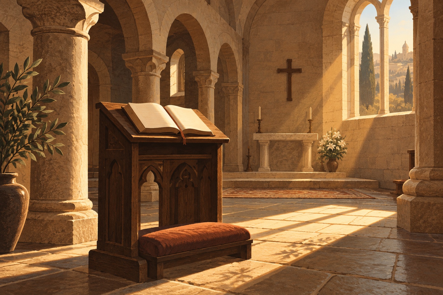 Ilustración de un libro de oraciones y un reclinatorio en una capilla iluminada por el sol