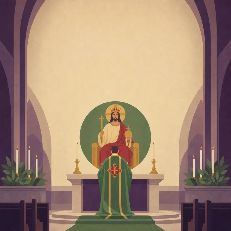 Illustration des gekrönten und thronenden Christus in einem Altarraum zwischen brennenden Kerzen