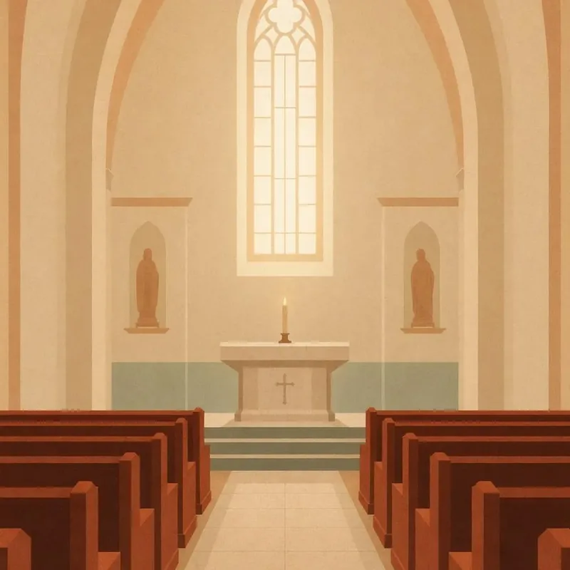 Illustration einer leeren Kirche mit Holzbänken und einer Kerze auf dem Altar
