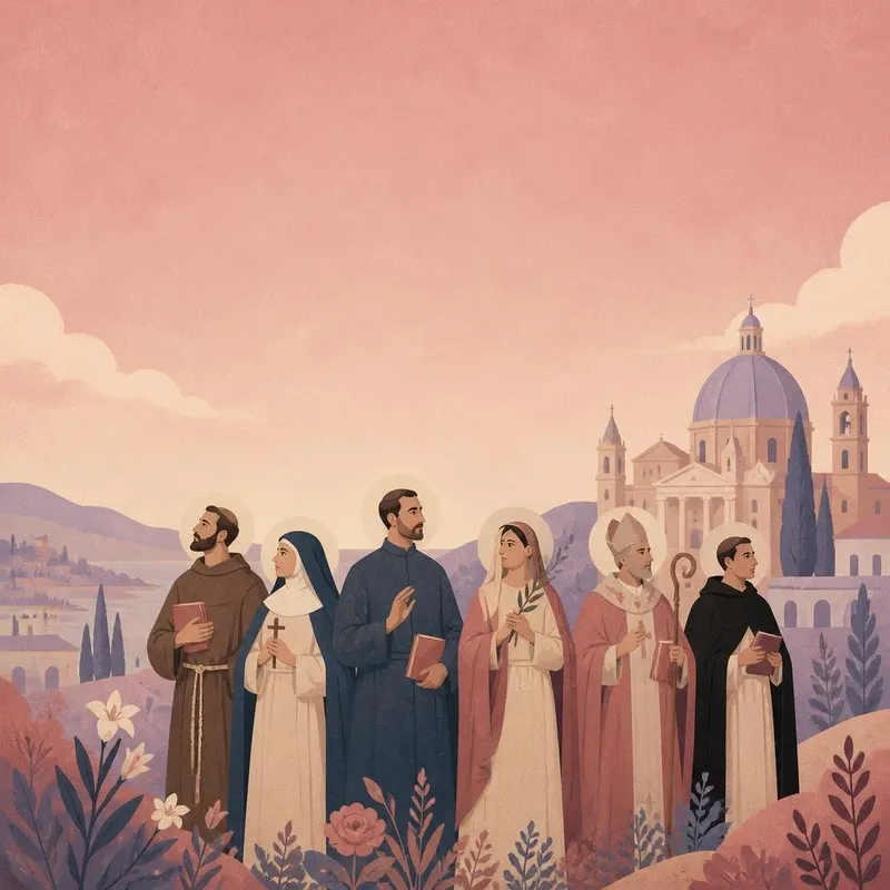 Ilustração de seis santos com auréola, entre eles um frade franciscano, uma freira, um bispo e um dominicano, diante de uma basílica com cúpula