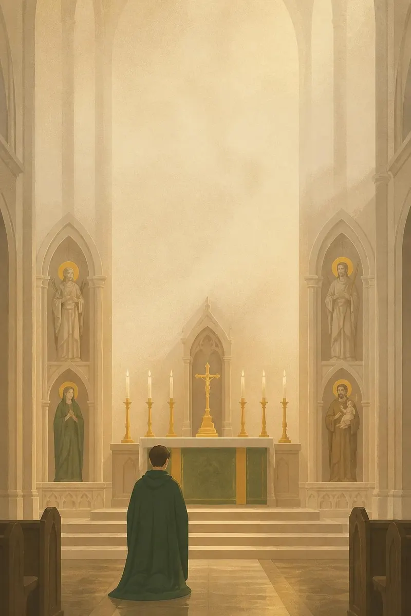 Ilustracja osoby modlącej się przed ołtarzem z figurami świętych