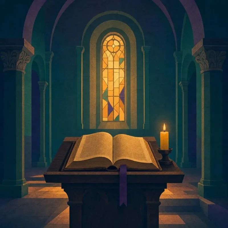 Illustration of an open prayer book and a lit candle on a lectern in a quiet chapel