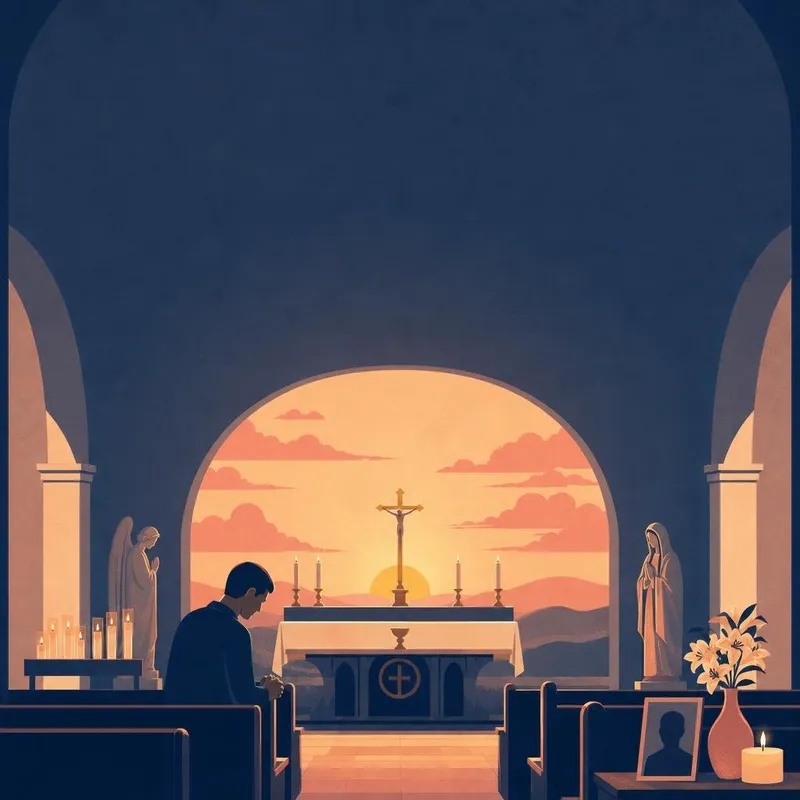 Illustration of a man kneeling in a candlelit chapel at dusk before an altar cross