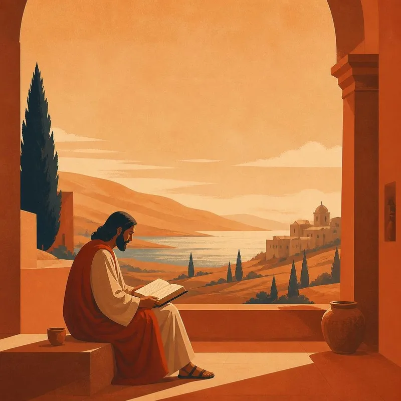 Illustrazione di Gesù che legge un rotolo accanto a una finestra, sopra una valle soleggiata