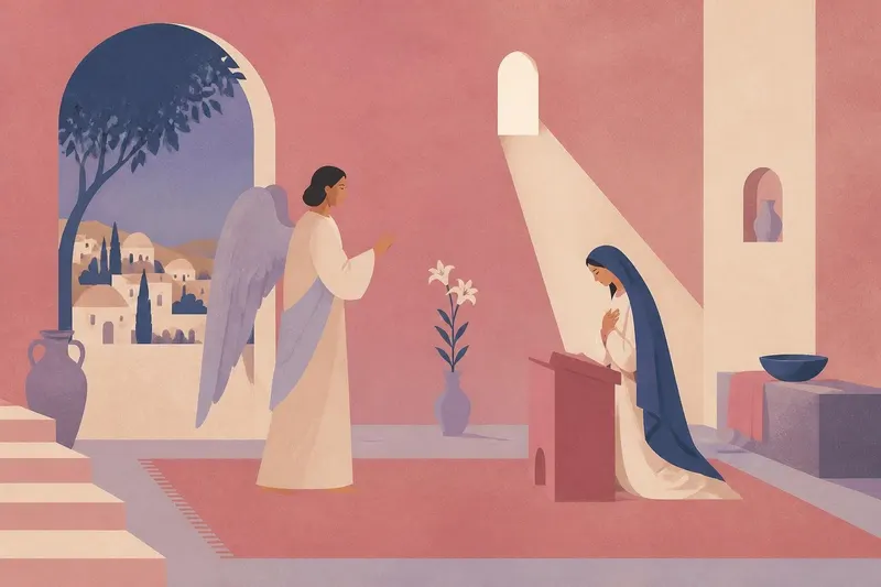 Illustration des Engels Gabriel, der Maria bei der Verkündigung grüßt