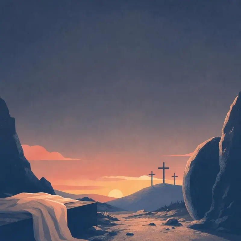 Illustrazione di tre croci su una collina al tramonto