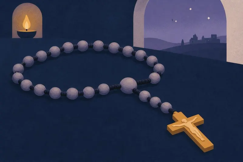 Illustration d’un chapelet près d’une bougie sous le ciel nocturne
