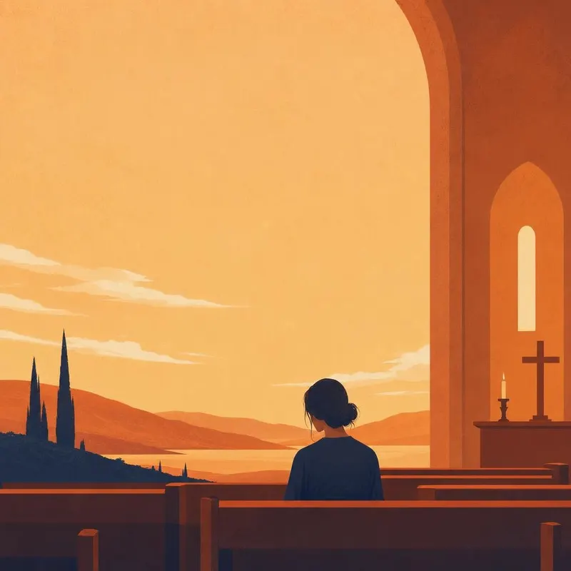 Ilustracja kobiety modlącej się samotnie w ławce kościelnej o zachodzie słońca