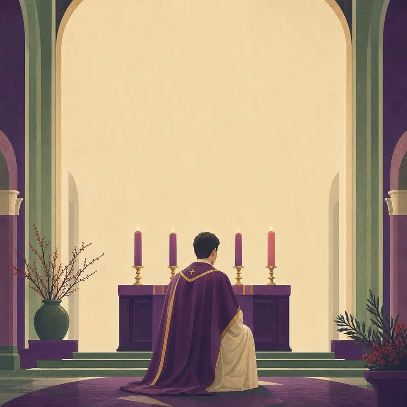 Illustration of a priest in violet vestments praying before the Advent candles