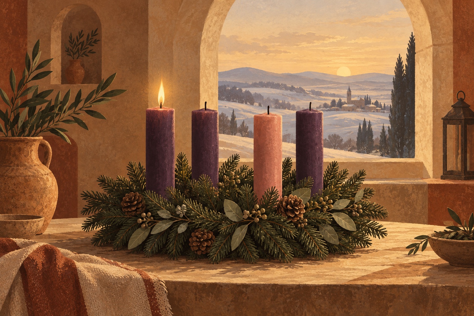 Illustration of an Advent wreath with three violet candles and one rose candle