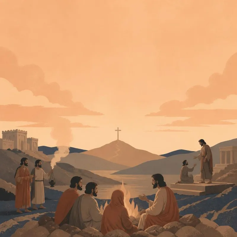 Illustration of people gathered in prayer around a fire on a hillside below a distant cross