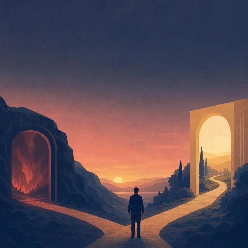 Ilustracja mężczyzny na rozdrożu między ciemną jaskinią a słoneczną ścieżką