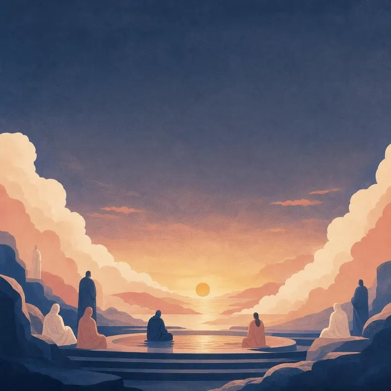 Ilustracja dusz czekających w łagodnym świetle nad chmurami o świcie