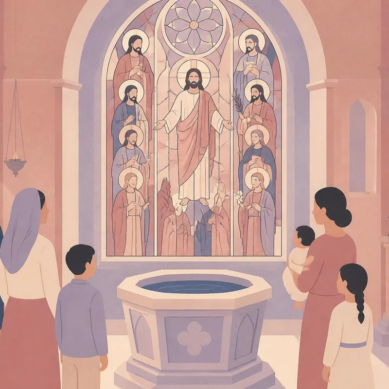 Illustration d’une famille devant des fonts baptismaux et un vitrail du Christ entouré de saints