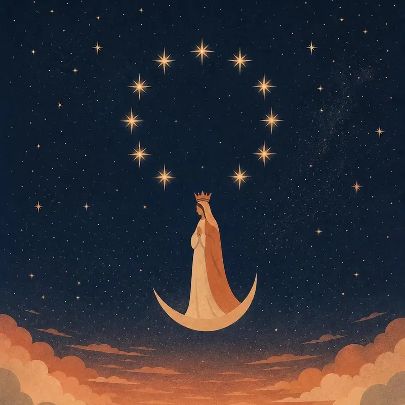 Illustration of Mary crowned with twelve stars, standing on a crescent moon above the clouds