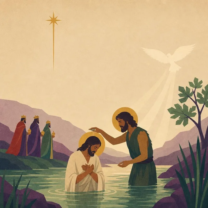 Ilustración de los tres Reyes Magos llegando al Jordán mientras Juan bautiza a Jesús bajo la paloma y la estrella