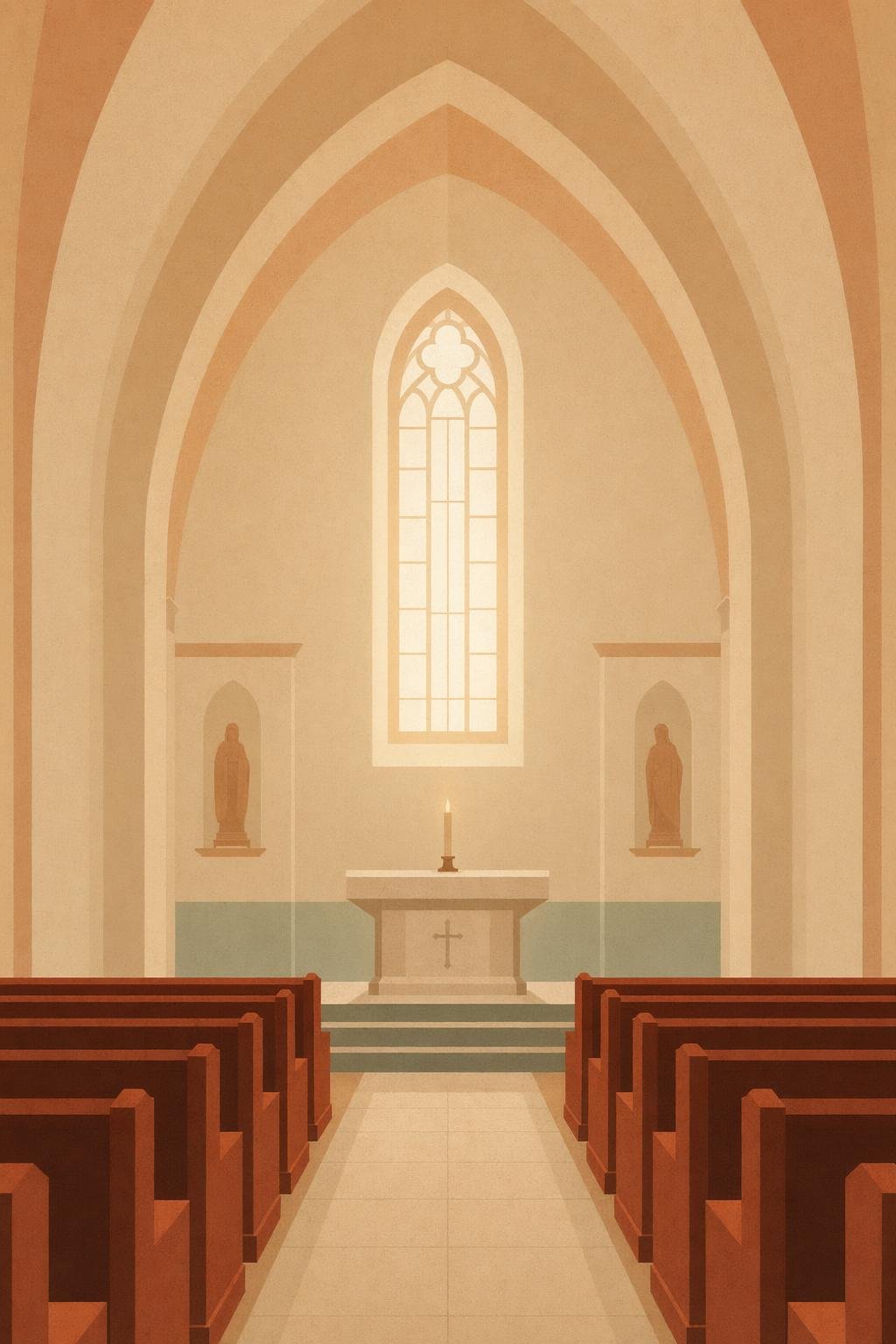 Illustration of a church interior in warm editorial tones