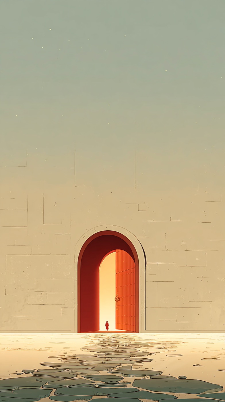 Illustration of a reflective dusk landscape in warm editorial tones