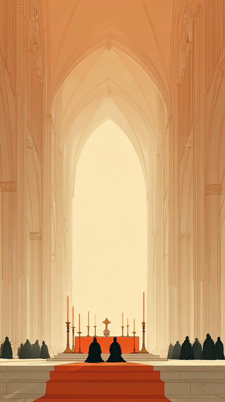 Illustration of a Catholic Mass in warm editorial tones