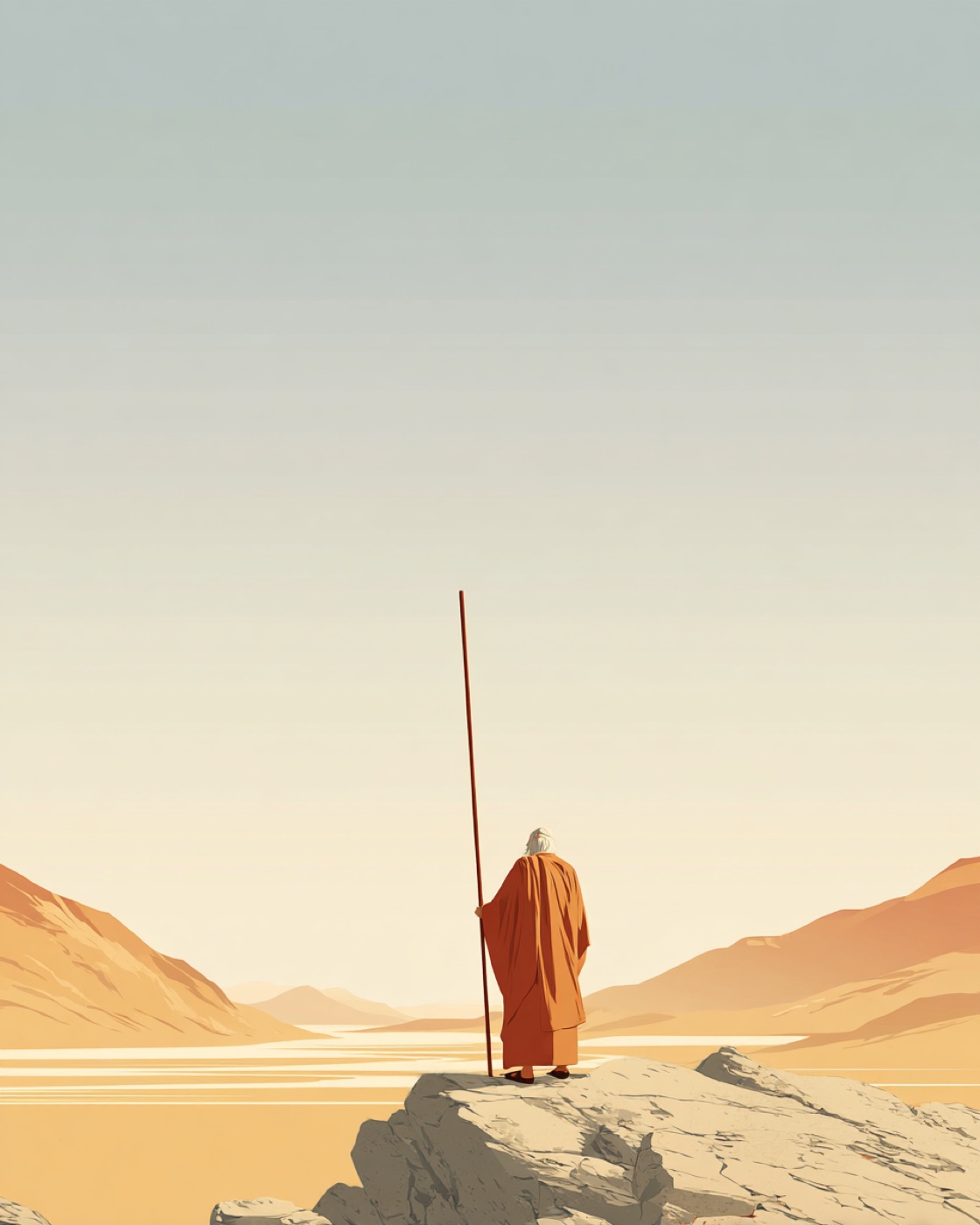 Illustration of Moses and the tablets of the Law in warm editorial tones