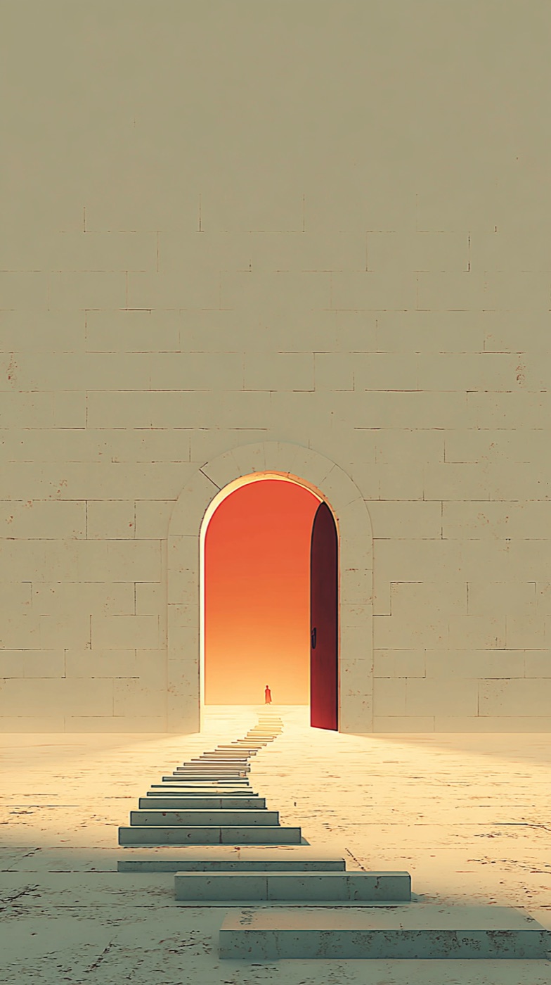 Illustration of an open church door in warm editorial tones