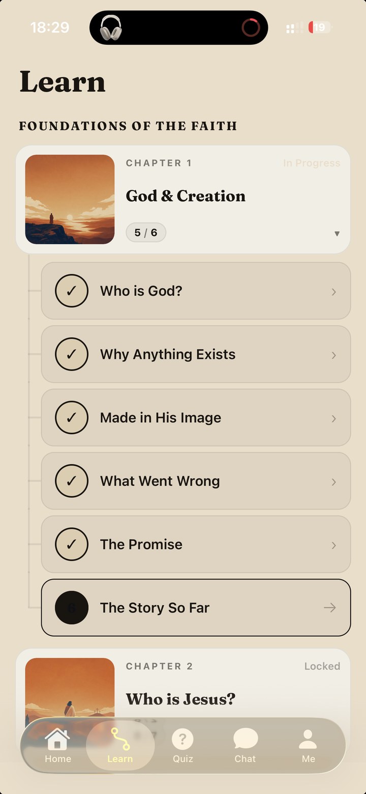 Saintly Learn screen — Foundations of the Faith course with chapter progress and lesson list