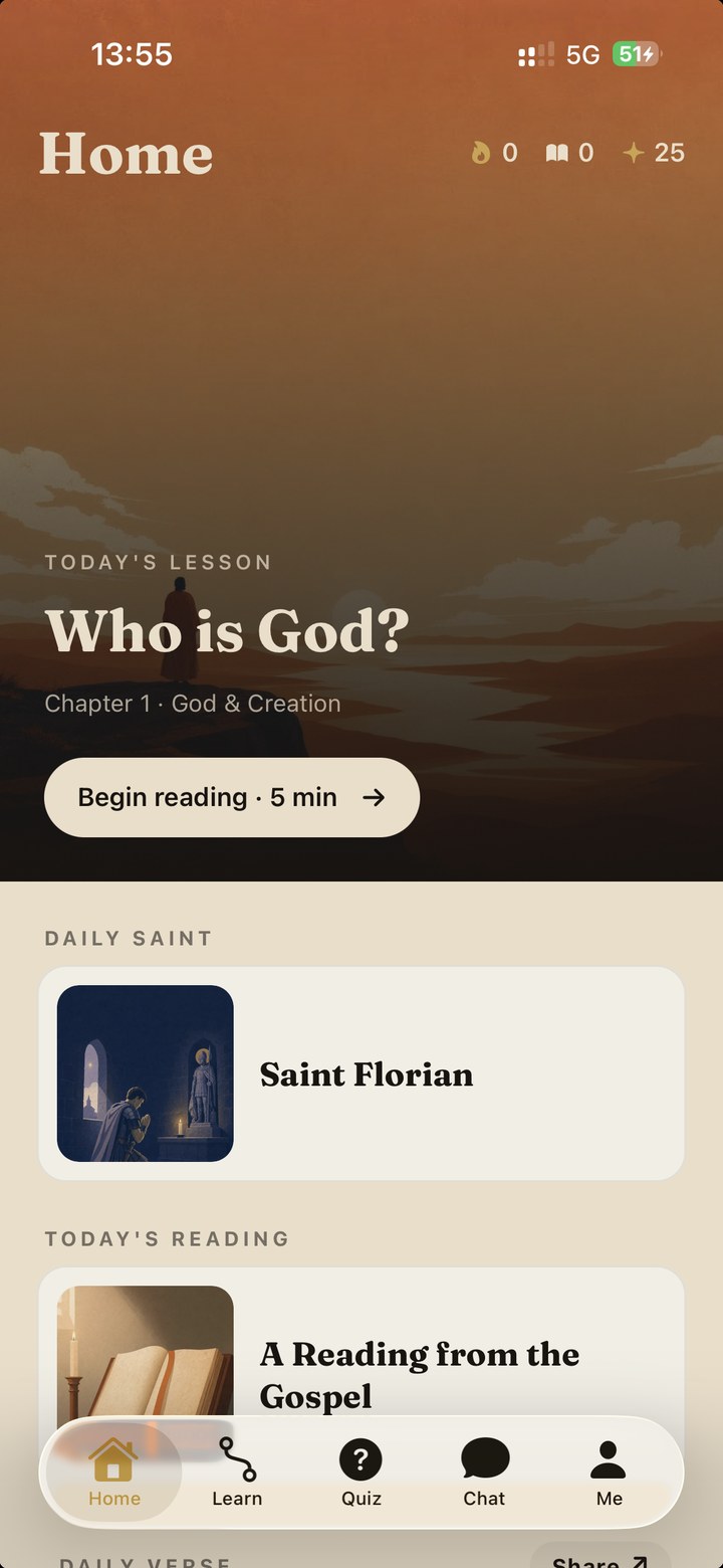 Saintly app on iOS — today's lesson 'Who is God?', Saint Florian as the daily saint, and a Gospel reading
