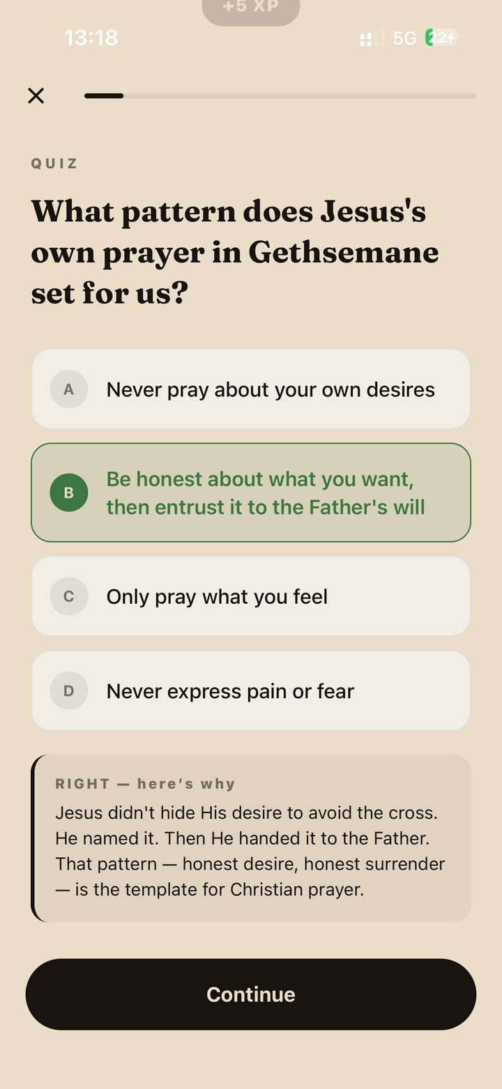 Saintly quiz screen — multiple-choice question with the right answer highlighted